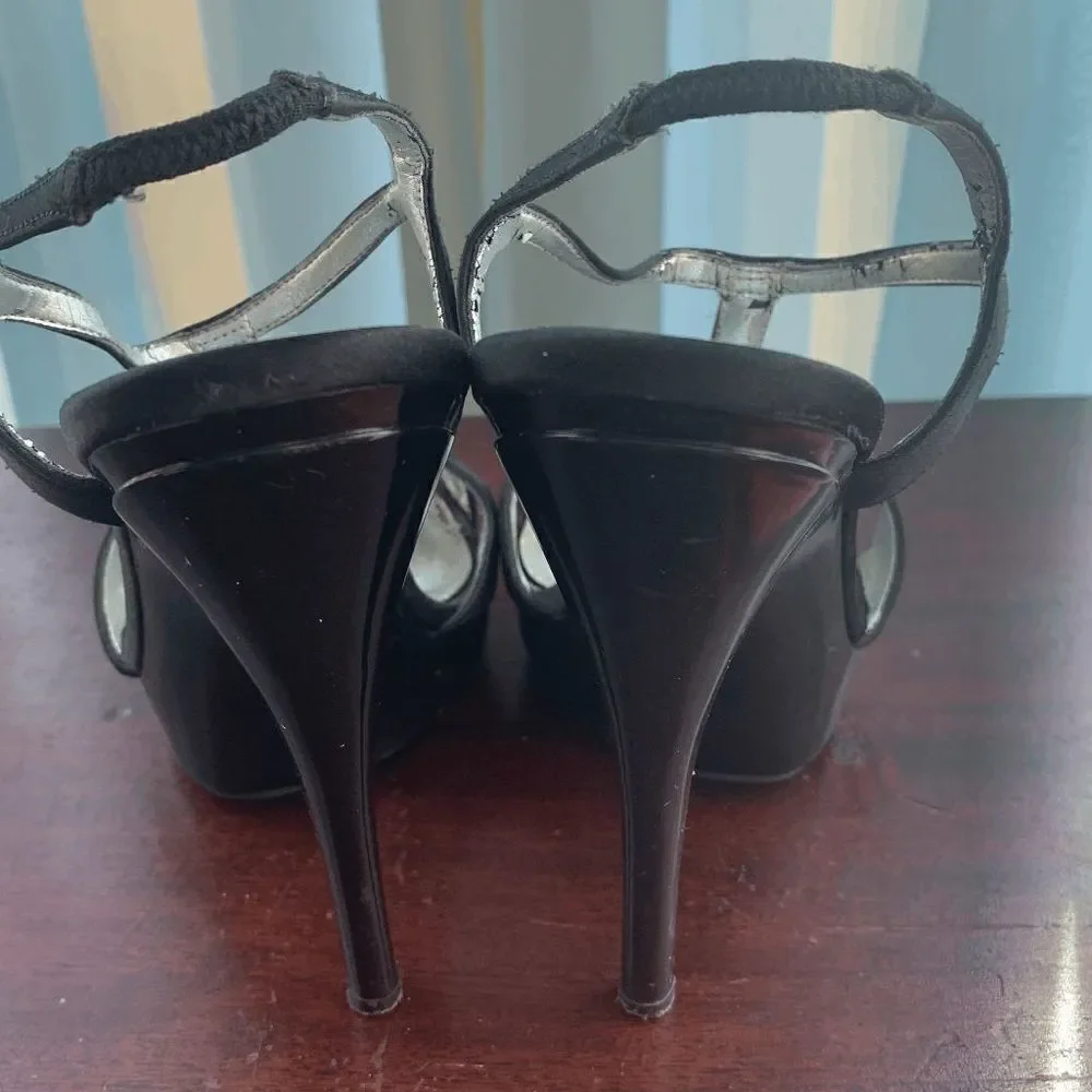 Nina Womens High Heels Peep Toe Sandals Ankle Strap Black Silver Shoes Size 6